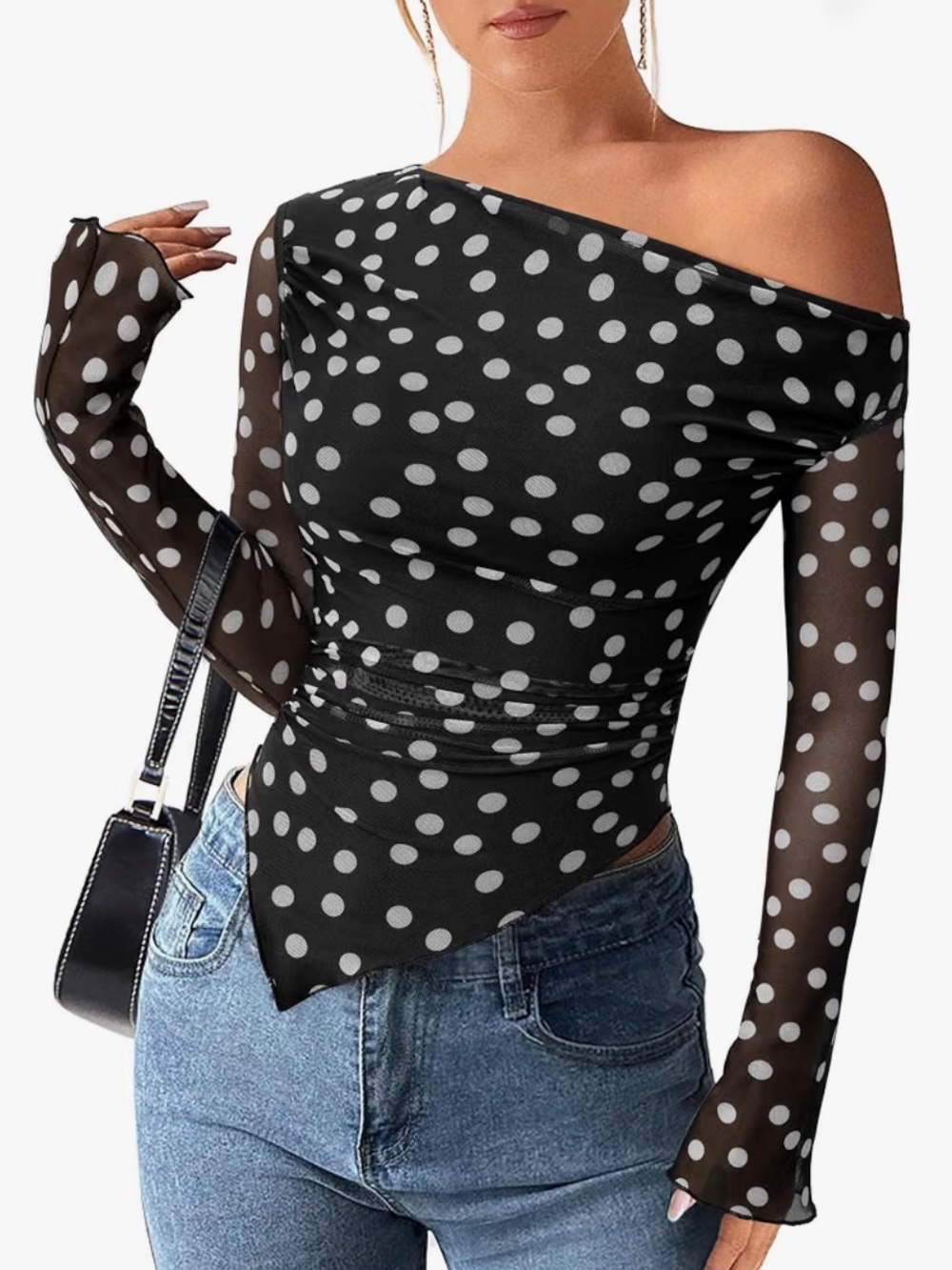 Mesh Off-Shoulder Black Top dotted